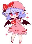  1girl ascot bangs bat_wings bow dress eyebrows_visible_through_hair fang full_body hat hat_bow highres looking_at_viewer mob_cap op_na_yarou open_mouth pink_dress pink_headwear pointy_ears purple_hair red_bow red_footwear red_neckwear remilia_scarlet short_hair short_sleeves simple_background smile solo standing star_(symbol) touhou white_background wings 