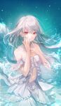  1girl arm_up bangs bare_shoulders closed_mouth daby dress hand_on_own_face hand_up highres long_hair looking_at_viewer original red_eyes sky sleeveless solo standing star_(sky) water water_drop white_dress white_hair 