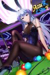  1girl :3 absurdres anchor_ornament animal_ears arm_strap asuo azur_lane bare_shoulders black_bodysuit black_legwear black_leotard blue_eyes blue_hair blush bodystocking bodysuit breasts collarbone copyright_name dutch_angle fake_animal_ears high_heels highres large_breasts legs leotard long_hair new_jersey_(azur_lane) new_jersey_(exhilarating_steps!)_(azur_lane) official_alternate_costume playboy_bunny pool_ball pool_table rabbit_ears sitting sitting_on_table 