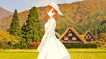  blue_eyes dress higurashi_no_naku_koro_ni looking_at_viewer orange_hair outdoors ryuuguu_rena smile tagme third-party_edit white_dress white_headwear 