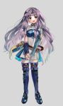 1girl absurdres armor bangs belt blush boots breastplate chil0107 circlet dress elbow_gloves fire_emblem fire_emblem:_the_blazing_blade florina_(fire_emblem) full_body gloves green_eyes hands_together highres long_hair looking_at_viewer open_mouth parted_bangs pauldrons purple_hair shoulder_armor smile solo thigh-highs thigh_boots upper_teeth very_long_hair white_dress zettai_ryouiki 