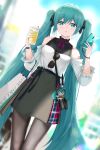  1girl :o aqua_eyes aqua_hair asahi_kuroi bag bangs bare_shoulders black_legwear blurry blurry_background character_doll clothing_cutout clothing_request commentary cup detached_sleeves english_text eyebrows_visible_through_hair eyewear_hang eyewear_removed hair_ribbon hatsune_miku heart highres holding holding_cup holding_phone layered_skirt long_hair looking_at_viewer miniskirt neck_ribbon number_tattoo open_mouth outdoors pantyhose phone plaid plaid_skirt ribbon shoulder_cutout shoulder_tattoo sidelocks signature skirt solo standing sunglasses tattoo twintails very_long_hair vocaloid watch watch 