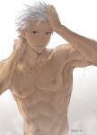  1boy abs archer_(fate) armpit_hair armpits bangs collarbone dark-skinned_male dark_skin fate/stay_night fate_(series) gradient gradient_background grey_background grey_hair hair_slicked_back hand_in_hair hands_up highres male_focus mondi_hl navel nipples parted_lips short_hair simple_background solo twitter_username upper_body wet white_hair 