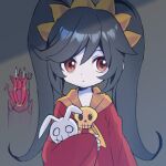  1girl :&lt; ashley_(warioware) bangs black_hair brown_eyes brown_neckwear closed_mouth d_omm demon dress eyebrows_behind_hair grey_background hair_between_eyes long_hair long_sleeves looking_away looking_to_the_side neckerchief object_hug polearm red_(warioware) red_dress sleeves_past_wrists stuffed_animal stuffed_bunny stuffed_toy trident twintails very_long_hair warioware weapon 