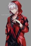  1boy argonavis_from_bang_dream! asahi_nayuta bang_dream! character_name english_text grey_background highres holding holding_microphone hood hooded_jacket jacket jewelry male_focus microphone mugen25 red_eyes red_jacket ring simple_background sleeves_rolled_up solo upper_body white_hair 