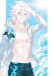  1boy bangs collarbone commentary_request dangan_ronpa_(series) dangan_ronpa_2:_goodbye_despair dangan_ronpa_s:_ultimate_summer_camp day green_male_swimwear hand_on_own_head hand_up hood jacket komaeda_nagito komo-me male_focus male_swimwear medium_hair navel no_shirt official_alternate_costume open_clothes open_jacket outdoors parted_lips pillarboxed solo stomach sun teeth twitter_username white_background white_hair white_jacket 