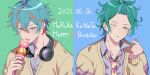  2boys argonavis_from_bang_dream! bang_dream! birthday blue_background blue_eyes blue_hair brothers character_name collared_shirt dated english_text finger_heart food green_background green_hair happy_birthday headphones headphones_around_neck highres ice_cream ice_cream_cone male_focus mugen25 multicolored_hair multiple_boys necktie nijou_haruka nijou_kanata one_eye_closed orange_hair school_uniform shirt siblings split streaked_hair sweater twins 