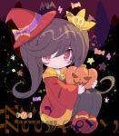  1girl ashley_(warioware) bangs black_hair black_legwear blush chibi closed_mouth d_omm dress hair_over_one_eye hat holding jack-o&#039;-lantern knees_up long_hair long_sleeves looking_at_viewer mini_hat mini_witch_hat pantyhose red_dress red_eyes red_footwear red_headwear shoe_soles shoes sleeves_past_wrists solo tilted_headwear twintails very_long_hair warioware wide_sleeves witch_hat 