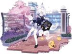  1girl animal animal_ears azur_lane bag bandaged_leg bandages bangs bird black_footwear black_jacket blazer blue_eyes blush bow byulzzi chick eyebrows_visible_through_hair fox_ears fox_girl fox_tail grey_skirt hair_bow hair_over_eyes highres jacket kasumi_(at_school_with_foo)_(azur_lane) kasumi_(azur_lane) loafers long_hair long_sleeves looking_at_viewer manjuu_(azur_lane) official_alternate_costume official_art open_clothes open_jacket open_mouth pantyhose parted_lips petals plaid plaid_skirt pleated_skirt purple_bow school_bag school_uniform shoes skirt sleeves_past_fingers sleeves_past_wrists sweater tail transparent_background turn_pale very_long_hair white_hair white_legwear white_sweater 