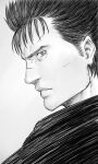  1boy berserk closed_mouth face greyscale guts_(berserk) hatching_(texture) highres looking_at_viewer male_focus monochrome mugetsu2501 profile scar scar_on_face scar_on_nose sketch solo spiky_hair 