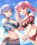  2girls bikini blue_bikini blue_hair blue_swimsuit braid breasts brown_eyes collarbone fire_emblem fire_emblem:_three_houses fire_emblem_heroes hilda_valentine_goneril holding_hands large_breasts long_hair looking_at_viewer looking_down marianne_von_edmund multiple_girls open_mouth pink_bikini pink_eyes pink_hair pink_swimsuit sarong short_hair smile sunglasses swimsuit twintails yamigo 