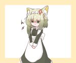  1girl alternate_costume alternate_hair_length alternate_hairstyle anger_vein animal_ear_fluff april apron arknights chibi commentary commission dress english_commentary feet_out_of_frame green_dress green_eyes green_hair kal&#039;tsit_(arknights) kurotofu long_hair lynx_ears maid maid_headdress shaded_face solo white_apron 
