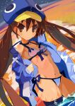  1girl absurdres blue_headwear blush breasts brown_eyes brown_hair disgaea hat highres jacket kazamatsuri_fuuka long_hair looking_at_viewer makai_senki_disgaea_4 miyakawa106 small_breasts swimsuit thigh-highs twintails very_long_hair wet 