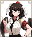  1girl black_hair black_wings breasts collared_shirt formicid hand_on_hip hat large_breasts looking_at_viewer necktie pocket pointy_ears pom_pom_(clothes) red_eyes shameimaru_aya shirt skirt smile solo tokin_hat touhou watch watch white_shirt wings 