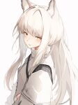  1girl animal_ears arknights blush commentary_request eyebrows_visible_through_hair highres horse_ears jacket long_hair looking_at_viewer open_mouth platinum_(arknights) simple_background solo tab_head upper_body white_background white_hair white_jacket yellow_eyes 