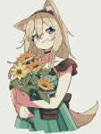  1girl animal_ear_fluff animal_ears arknights black_bow black_choker black_hairband blonde_hair bouquet bow choker collarbone commentary cropped_torso dog_ears dog_tail dress flower green_dress green_eyes grey_background hair_between_eyes hairband highres holding holding_bouquet long_hair looking_at_viewer official_alternate_costume podenco_(arknights) podenco_(wake_up_from_a_nap)_(arknights) simple_background smile solo tail upper_body vegetable_osamuta 