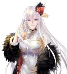  1girl azur_lane bangs black_coat china_dress chinese_clothes coat dress earrings enterprise_(azur_lane) enterprise_(blooming_peony)_(azur_lane) eyebrows_visible_through_hair flower fur_trim hair_between_eyes hair_flower hair_ornament highres jewelry long_hair looking_at_viewer off_shoulder official_alternate_costume silver_hair simple_background solo suprii upper_body violet_eyes white_background 