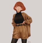  1girl ahoge artist_name belt belt_buckle black_sweater bob_cut boku_no_hero_academia brown_cardigan brown_shorts buckle cardigan grey_background hand_on_hip highres koihorkka legwear_under_shorts long_sleeves looking_to_the_side open_mouth orange_eyes orange_hair pantyhose short_hair shorts signature simple_background solo sweater turtleneck turtleneck_sweater uraraka_ochako 