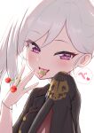  1girl bangs black_jacket blue_archive blush cherry cherry_stem_knot clothes_writing commentary_request eyebrows_visible_through_hair food fruit hand_up highres jacket long_hair mutsuki_(blue_archive) roman_numeral simple_background smile solo tongue tongue_out translation_request upper_body ushimittsu violet_eyes white_background white_hair 