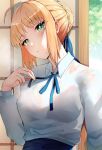  1girl absurdres ahoge artoria_pendragon_(all) blonde_hair blue_ribbon bra collared_shirt fate/stay_night fate_(series) green_eyes hair_bun hair_ribbon hand_up highres long_sleeves looking_at_viewer memero_7272 ribbon saber see-through shirt short_hair sliding_doors solo sweat sweatdrop underwear wet wet_clothes wet_shirt white_shirt 