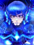  1boy androgynous armor bangs blue_hair bodysuit collarbone eyelashes gloves leki_ixion long_hair looking_at_viewer male_focus protagonist_(smtv) purple_hair shin_megami_tensei shin_megami_tensei_v simple_background solo very_long_hair yellow_eyes 