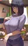  1girl black_hair blue_eyes breasts denim highres hyuuga_hinata jeans jewelry large_breasts light_smile long_hair looking_at_viewer naruto_(series) pants ribbed_sweater ring shexyo smile solo sweater 