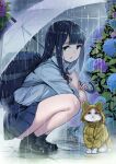  1girl bag bangs black_hair blurry blurry_background cat eyebrows_visible_through_hair green_eyes highres long_hair looking_at_viewer original pleated_skirt rain raincoat school_uniform shirt skirt solo squatting twinpoo umbrella white_shirt 