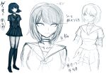  1girl arms_behind_back bangs bob_cut breasts character_sheet choker closed_mouth dangan_ronpa_(series) dangan_ronpa_2:_goodbye_despair full_body highres kneehighs looking_at_viewer medium_breasts multiple_views nanami_chiaki neckerchief official_art official_style open_mouth pleated_skirt prototype sailor_collar school_uniform shirt shoes short_hair sketch skirt standing translation_request white_background 