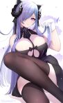  1girl absurdres august_von_parseval_(azur_lane) azur_lane bare_arms bare_shoulders black_legwear blush breasts gloves hair_ornament hair_over_one_eye highres horns large_breasts long_hair looking_at_viewer one_eye_covered parted_lips purple_hair showerz sitting solo thigh-highs thighs violet_eyes white_gloves 