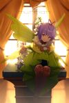  1girl antenna_hair backlighting bare_shoulders black_shorts boots breasts brown_footwear brown_gloves curtains detached_collar dress echo_(circa) fairy fairy_wings fate/extra fate/extra_ccc fate/extra_ccc_fox_tail fate/grand_order fate_(series) flower gloves green_dress hair_ribbon kazuradrop_(fate) long_sleeves looking_at_viewer purple_hair ribbon round-bottom_flask short_hair shorts sitting small_breasts smile solo thigh-highs thigh_boots violet_eyes window wings yellow_ribbon 