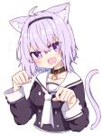  1girl :3 :d ahoge animal_collar animal_ears bangs black_collar black_shirt blush buttons cat_ears cat_girl cat_tail collar cropped_torso crossed_bangs double-breasted fang hair_between_eyes hololive looking_at_viewer neckerchief nekomata_okayu open_mouth paw_pose purple_hair rabiiandrain sailor_collar sailor_shirt school_uniform serafuku shirt short_hair simple_background skin_fang smile solo tail upper_body violet_eyes virtual_youtuber white_background white_neckwear 