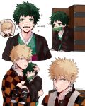  2boys bakugou_katsuki bangs black_hair blonde_hair blush boku_no_hero_academia checkered child cosplay earrings fangs freckles green_eyes grey_background hug japanese_clothes jewelry kamado_nezuko kamado_nezuko_(cosplay) kimetsu_no_yaiba kimono long_sleeves looking_at_viewer male_focus midoriya_izuku multiple_boys rin_(rinriemie) simple_background sitting smile sparkle twitter_username wide_sleeves 