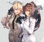  2girls binoculars black_neckwear blonde_hair blue_eyes breasts brown_eyes brown_hair cherry_blossoms collared_shirt gambier_bay_(kancolle) gloves hat highres himeyamato iowa_(kancolle) jacket johnston_(kancolle) kantai_collection large_breasts light_brown_hair long_hair military military_hat military_uniform multiple_girls one_eye_closed pants ponytail shirt star-shaped_pupils star_(symbol) symbol-shaped_pupils uniform white_gloves white_jacket yamato_(kancolle) 