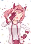  1girl animal_ears arm_up artist_name bow buruma confetti fingerless_gloves gloves gym_uniform hair_bow hair_intakes hand_on_hip hand_over_eye haru_urara_(umamusume) headband highres horse_ears horse_girl jacket long_hair one_eye_closed open_mouth pink_eyes pink_hair ponytail red_buruma red_gloves ribbon rumaki shirt smile solo symbol-shaped_pupils umamusume upper_body white_jacket white_shirt 