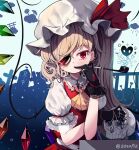  1girl artist_name bangs belt black_gloves blonde_hair cigarette collar crystal dress earrings eyebrows_visible_through_hair flandre_scarlet gloves hand_up hat hat_ribbon highres jewelry long_hair monocle multicolored multicolored_wings ponytail puffy_short_sleeves puffy_sleeves red_dress red_eyes red_ribbon ribbon ring short_sleeves skull solo sseopik touhou white_belt white_collar white_headwear white_sleeves wings yellow_eyes 