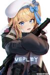  1girl bandage_on_face bandages beret blonde_hair blue_bow blue_eyes blush bow character_name coat commentary_request dano fur-trimmed_coat fur_trim girls_frontline girls_frontline_2:_exilium gun hair_bow hat heart heart_stickers hugging_own_legs long_sleeves looking_at_viewer medium_hair one_side_up open_mouth shotgun sidelocks sitting smile solo twitter_username vepley_(girls_frontline_2) vepr-12 weapon white_background white_headwear 