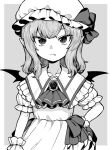  1girl ascot bangs border closed_mouth fang fang_out greyscale hat hat_ribbon looking_at_viewer medium_hair mob_cap monochrome oninamako pointy_ears remilia_scarlet ribbon shirt short_sleeves simple_background skirt slit_pupils solo touhou 