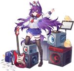  1girl :o animal_ear_fluff animal_ears ao_jun azur_lane black_legwear dress guitar hair_ornament headphones headphones_around_neck highres instrument long_hair looking_at_viewer manjuu_(azur_lane) necktie official_alternate_costume official_art purple_hair red_neckwear sailor_dress school_uniform skirt speaker tail thigh-highs thigh_strap transparent_background urakaze_(azur_lane) urakaze_(sengoku_shredder!)_(azur_lane) violet_eyes 