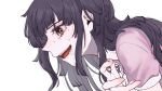  1girl apron bandages bangs black_hair blunt_bangs brown_eyes crying crying_with_eyes_open dangan_ronpa_(series) dangan_ronpa_2:_goodbye_despair drooling from_side grey_background hand_up long_hair looking_at_viewer looking_down mole mole_under_eye niwatori_panda open_mouth pink_nails pink_shirt pointy_nose profile saliva shirt simple_background solo tears tsumiki_mikan upper_body upper_teeth white_background 