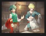  2boys abs apron bakugou_katsuki blonde_hair boku_no_hero_academia brown_apron buttons cape collarbone commentary_request double-breasted dragon earrings envelope fairy freckles fur_trim green_eyes green_hair green_pants green_vest grin hands_up indoors jewelry long_sleeves looking_up male_focus midoriya_izuku minidragon multiple_boys official_alternate_costume pants pero_(pero56870578) red_cape red_eyes shirt smile toned toned_male trash_can vest waist_apron white_shirt 