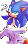  1boy animal_nose furry gloves green_eyes grin happy_birthday highres looking_at_viewer m516 male_focus open_hand simple_background smile solo sonic_(series) sonic_the_hedgehog standing white_background white_gloves 