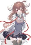  1girl animal_ears arknights black_legwear blush brown_hair commentary_request cowboy_shot dress eyebrows_visible_through_hair eyjafjalla_(arknights) highres horns long_hair looking_at_viewer nanaponi red_eyes sheep_ears sheep_girl sheep_horns smile solo thigh-highs thigh_gap white_background 