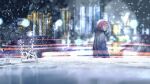  1girl blurry blurry_background commentary_request depth_of_field expressionless highres hood hood_down hooded_jacket jacket kaf_(kamitsubaki_studio) kamitsubaki_studio light_particles light_trail looking_at_viewer looking_back pink_hair rain solo splashing sun_1200 upper_body virtual_youtuber water water_drop 