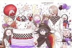  4girls 6+boys 8takenokonosato8 :d afro bald balloon bangs black_cape black_hair black_headwear blonde_hair blush bottle braid brown_hair buttons cape chair checkered checkered_scarf dangan_ronpa_(series) dangan_ronpa_v3:_killing_harmony dated dice_members_(dangan_ronpa) dot_nose double-breasted food fruit grey_background hair_between_eyes happy_birthday hat holding jacket long_hair mask multiple_boys multiple_girls open_mouth ouma_kokichi peaked_cap redhead scarf short_hair smile straitjacket strawberry twintails upper_body violet_eyes white_jacket wine_bottle 