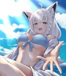  1girl absurdres ahoge animal_ear_fluff animal_ears bangs bikini blue_bikini blush braid breasts clouds cloudy_sky commentary_request day earrings eyebrows_visible_through_hair fox_ears fox_girl green_eyes hair_between_eyes highres hololive hood hoodie jewelry light_rays long_hair looking_at_viewer medium_breasts ocean open_clothes open_hand open_hoodie open_mouth outdoors outstretched_arm rururaroru shirakami_fubuki sidelocks single_braid sky solo swimsuit virtual_youtuber white_hair white_hoodie 