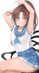  1girl armpit_peek arms_up bangs blue_neckwear blue_sailor_collar blue_skirt breasts brown_hair chair collarbone eyebrows_visible_through_hair hibike!_euphonium highres long_hair looking_at_viewer medium_breasts mexif miniskirt nakagawa_natsuki neckerchief parted_bangs parted_lips ponytail sailor_collar school_uniform serafuku shirt short_sleeves simple_background skirt smile solo sweat thighs tying_hair violet_eyes white_background white_shirt 