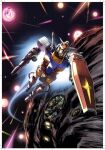  beam_saber cable collaboration explosion flying gun gundam holding holding_gun holding_shield holding_weapon mecha mobile_suit mobile_suit_gundam no_humans ohtagaki_yasuo rx-78-2 shield solo space umeno_ryuuji v-fin weapon yellow_eyes 