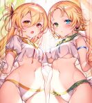  2girls :o arm_strap ass_visible_through_thighs bangs bare_shoulders bikini bikini_bottom blonde_hair blue_eyes breasts choker cowboy_shot crop_top crop_top_overhang earrings fang frilled_bikini frills green_choker green_eyes groin hair_between_eyes heterochromia highres horns jewelry komeshiro_kasu long_hair looking_at_viewer medium_breasts midriff multiple_girls navel no_bra no_pants one_side_up oni_horns open_mouth orange_eyes original parted_bangs parted_lips pointy_ears ponytail red_eyes sailor_collar sailor_shirt shirt short_sleeves stomach swimsuit thigh_gap thighs under_boob v-shaped_eyebrows white_bikini white_shirt yellow_choker 