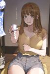  1girl alcohol bottle breasts brown_eyes brown_hair commentary_request cup eyebrows_visible_through_hair giving headband highres holding holding_cup incoming_drink jun_(seojh1029) long_hair looking_at_viewer open_mouth original outstretched_arm red_headband sake sake_bottle shirt shorts sitting sitting_on_pillow sleeveless sleeveless_shirt smile solo translation_request wind_chime yellow_shirt 