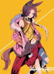  1girl absurdres animal_ears belt blue_eyes brown_hair clothes_around_waist copyright_name denim feet_out_of_frame fur_trim hair_between_eyes hands_in_pockets highres horse_ears horse_girl horse_tail huge_filesize jacket jeans long_sleeves narita_taishin_(umamusume) navel open_clothes open_jacket pants parted_lips pink_jacket plaid plaid_shirt shadow shirt shirt_around_waist short_hair solo tail tank_top tied_shirt torn_clothes torn_jeans torn_pants umamusume yellow_tank_top yu_yin 